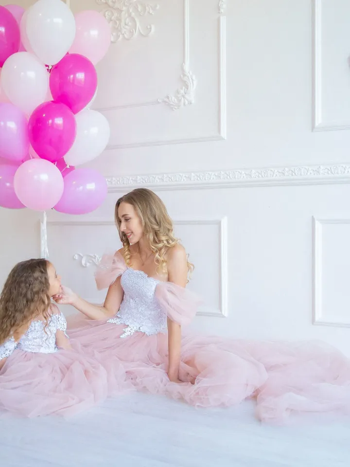 Pink Wedding Dress, Blush Tulle Gowns Photoshoot, Matching Mommy And Me Outfit, Tulle Maternity Dresses, Mother Daughter Matching Gown