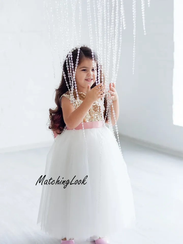 Gold And Ivory Dress, Sequin Girl Dress, Christening Gown, Flower Girl Dress, Tutu Tulle Dress, Birthday Girl Outfit,Junior Bridesmaid Dress