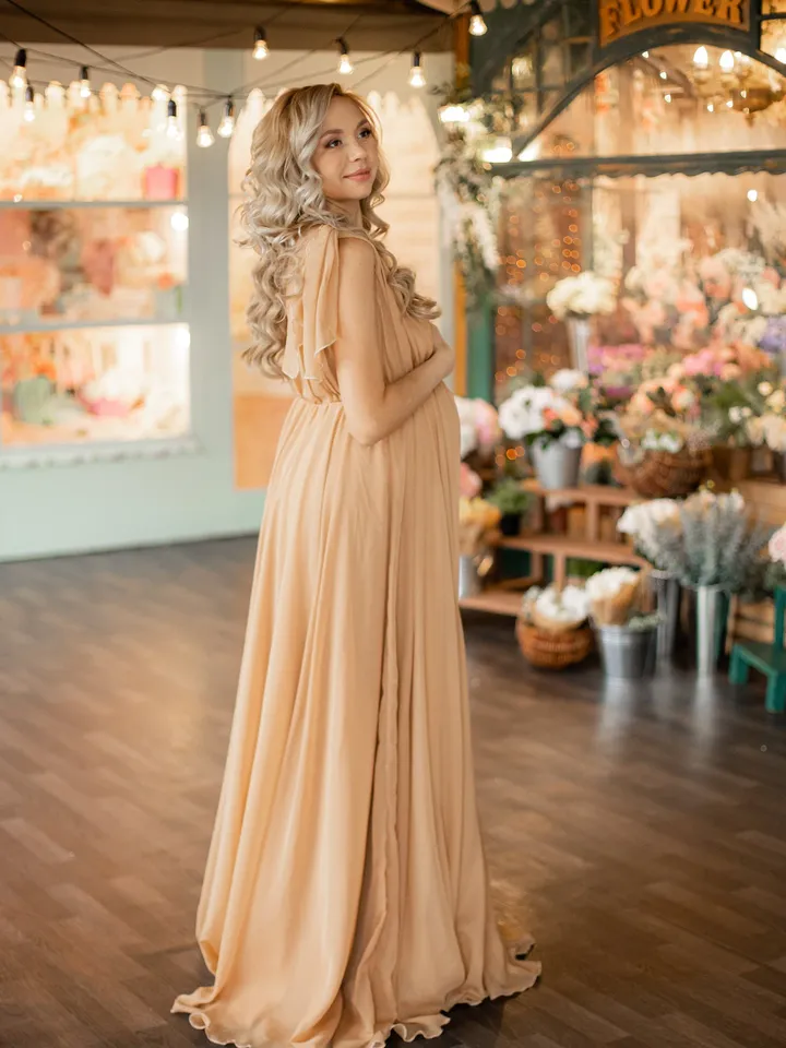 Beige Baby Shower Maternity Dress, Empire Waist Boho Dress, Maternity Boho Chiffon Dress, Maternity Dress, Nude Wedding Dress, Photoshoot