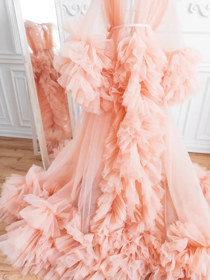 Nude Tulle Maternity Robe, Photoshoot Robe, Beige Bridal Robe, Boudoir Tulle Robe Dress, Pregnancy Gown Robe, Ruffle Robe for Photoshoot