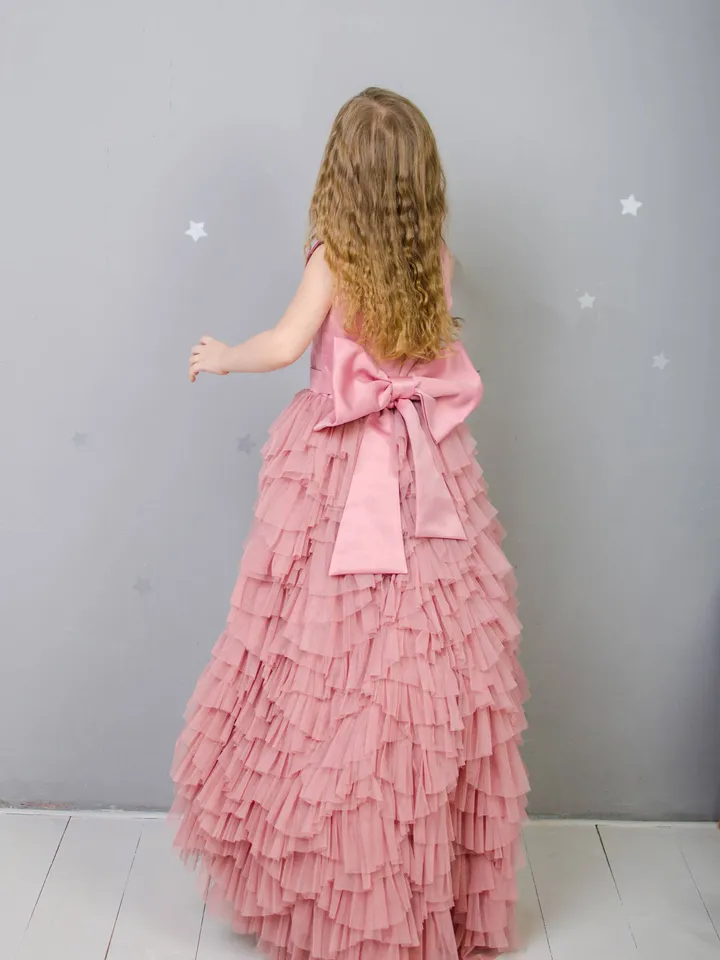 Flower girl dusty rose tutu tulle dress, pageant train dress, princess dress, birthday dress wedding dress first communion pink dress