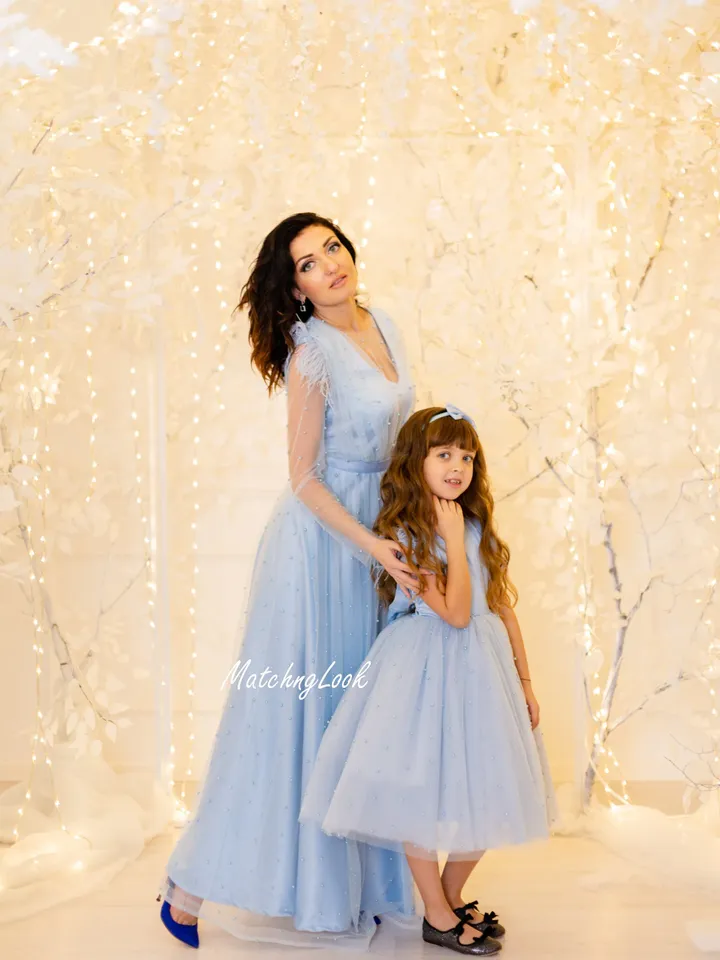 Dusty Blue Dress, Matching Mother Daughter Dress, Evening Dress, Mommy and Me Outfit, Elegant Dress, Princess Dress, Girl Tutu Dress