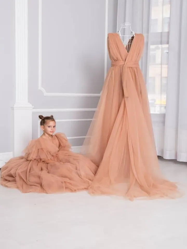 Tawny Mommy And Me Dresses, Birthday Maxi Dresses, Matching Mother Daughter Dress, Brown Tulle Gown, Family Photoshoot, Wedding Guest Dress