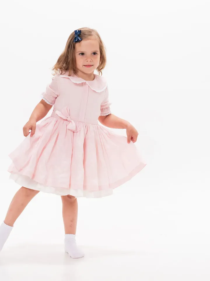 Pink Linen Dress, Girl Linen Dress, Linen Collar Dress, Baby Tutu Dress, Linen Clothing, Linen Birthday Dress, Pink Toddler Vintage Style