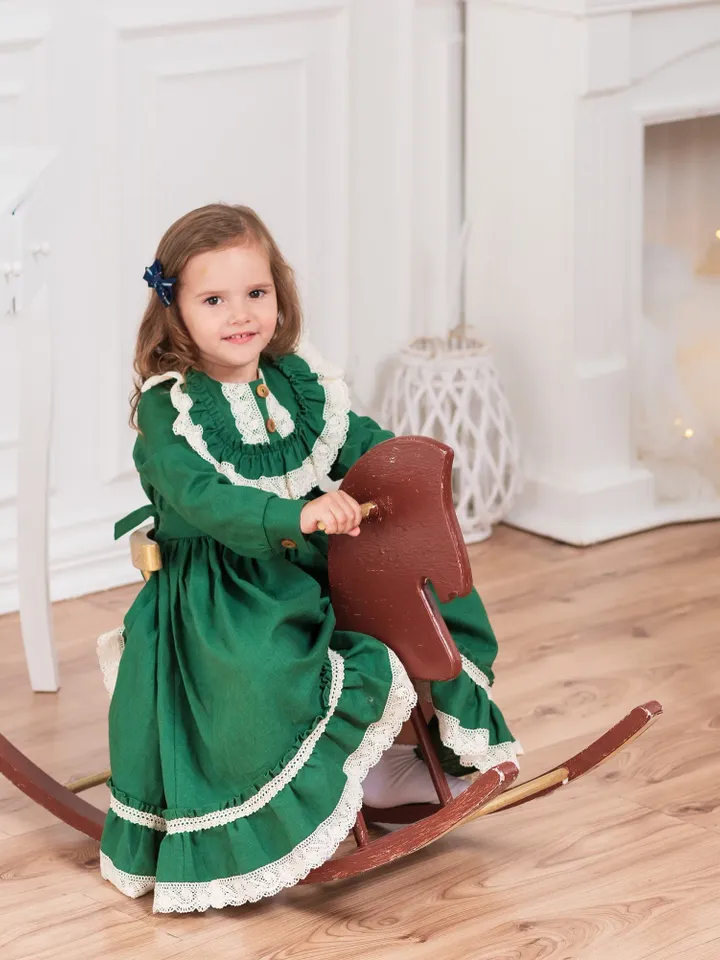 Girl Linen Dress, Green Girl Dress, Vintage Style Dress, Toddler Ruffle Dress, Girl Birthday Dress, Linen Clothing, Special Occasion Dress