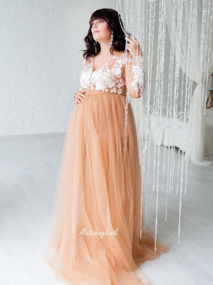 Tulle Maternity Dress, Women Nude Dress, Maternity Photoshoot Dress, Elegant Dress, Photoprops Dress, Formal Maxi Dress, Baby Shower Dress