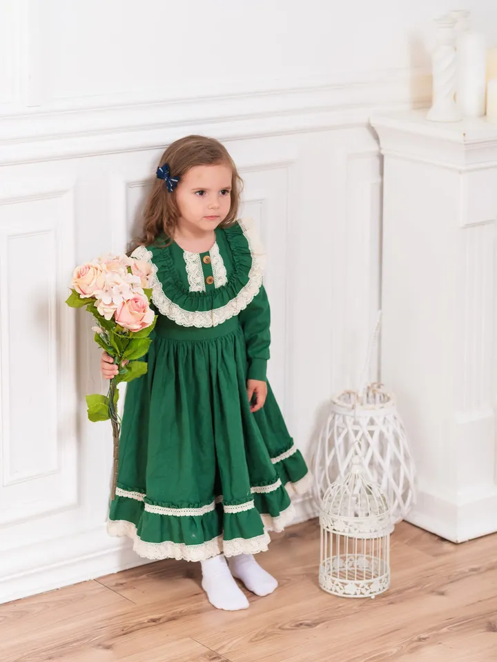 Girl Linen Dress, Green Girl Dress, Vintage Style Dress, Toddler Ruffle Dress, Girl Birthday Dress, Linen Clothing, Special Occasion Dress