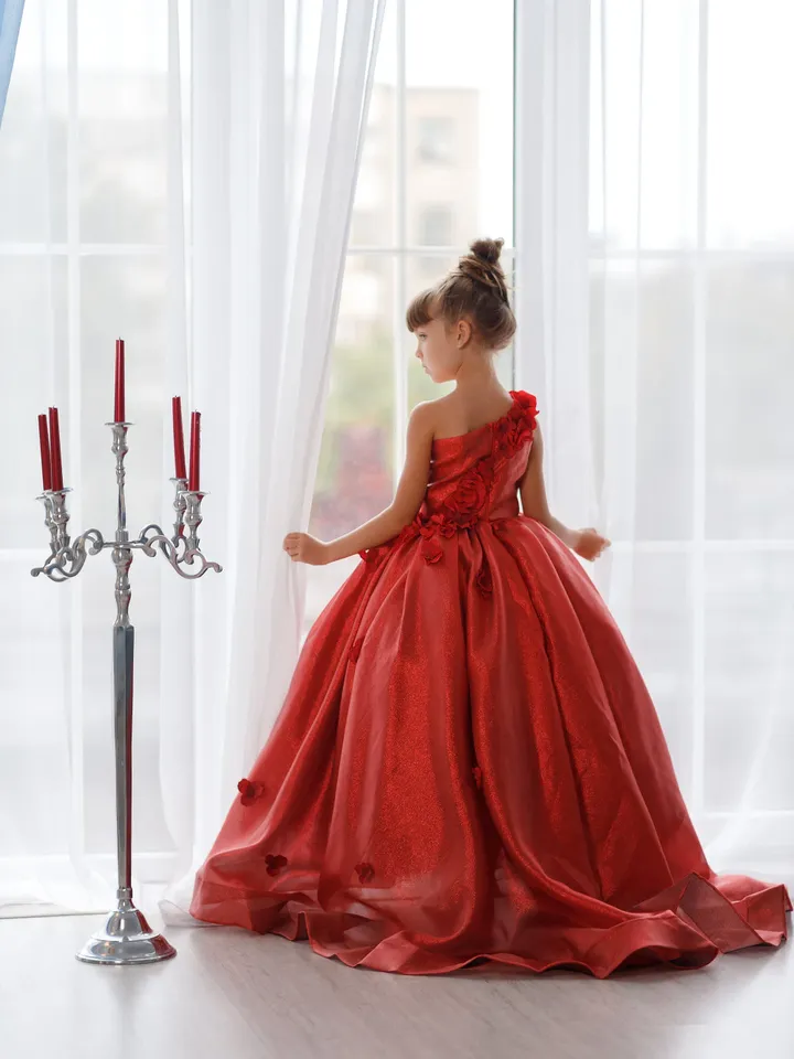 Red Ball Gown Toddler, Christmas Gown Girl, Holiday Photoshoot, One Shoulder Gown, Girl Ball Gown, Princess Dress, Xmas Photography Dress