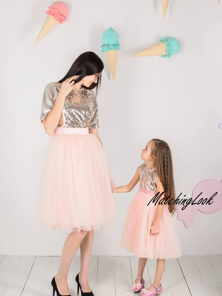 Mother Daughter Matching New Year Dress, Gold Sequin Dress, Mommy And Me Outfit, Pink Girl Party Dress, Baby Tutu Dress, Toddler Gown