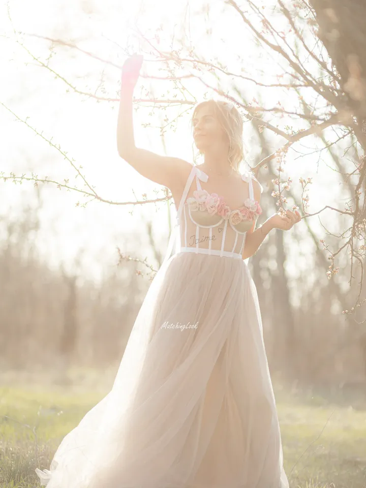 Corset Wedding Dress in Bohemian Style, Sexy Sheer Tulle Wedding Dress, Elegant Sheer Dress Gown