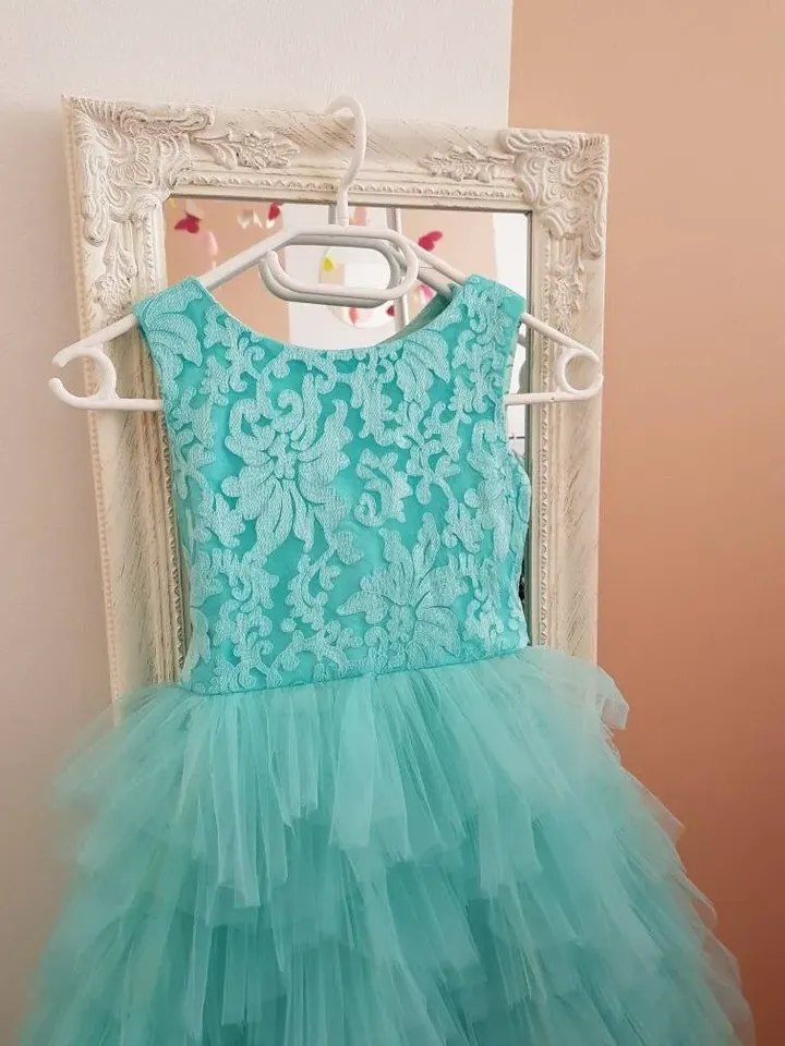 Mother Daughter Gown, High Low Dress, Teal Flower Girl Dress, Ariel Dress, Train Dress, Tulle Layered Dress, Princess Dress,Special Occasion