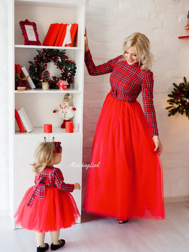 Mommy And Me Christmas Dress, Holiday Outfit, Mother Daughter Matching Dress, Christmas Photography, Red Tartan Dress, Plaid Matching Dress