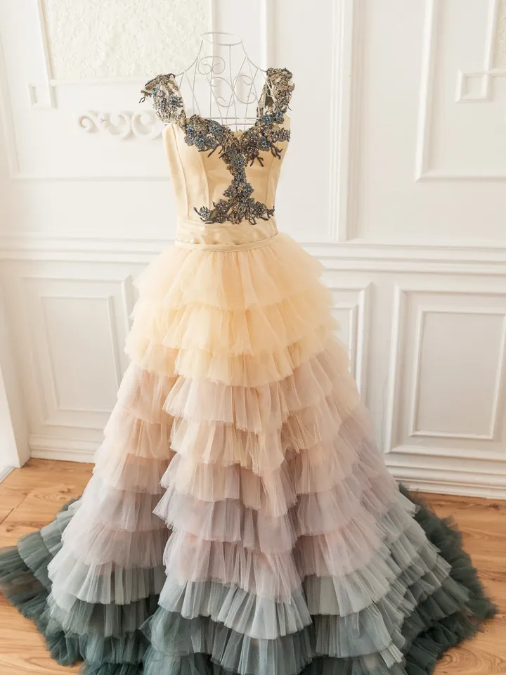 Ombre Wedding Dress, Colorful Wedding Dress, Couture Tulle Gown, Champagne Wedding Dress, Engagement Photoshoot Dress, Boho Ruffle Dress