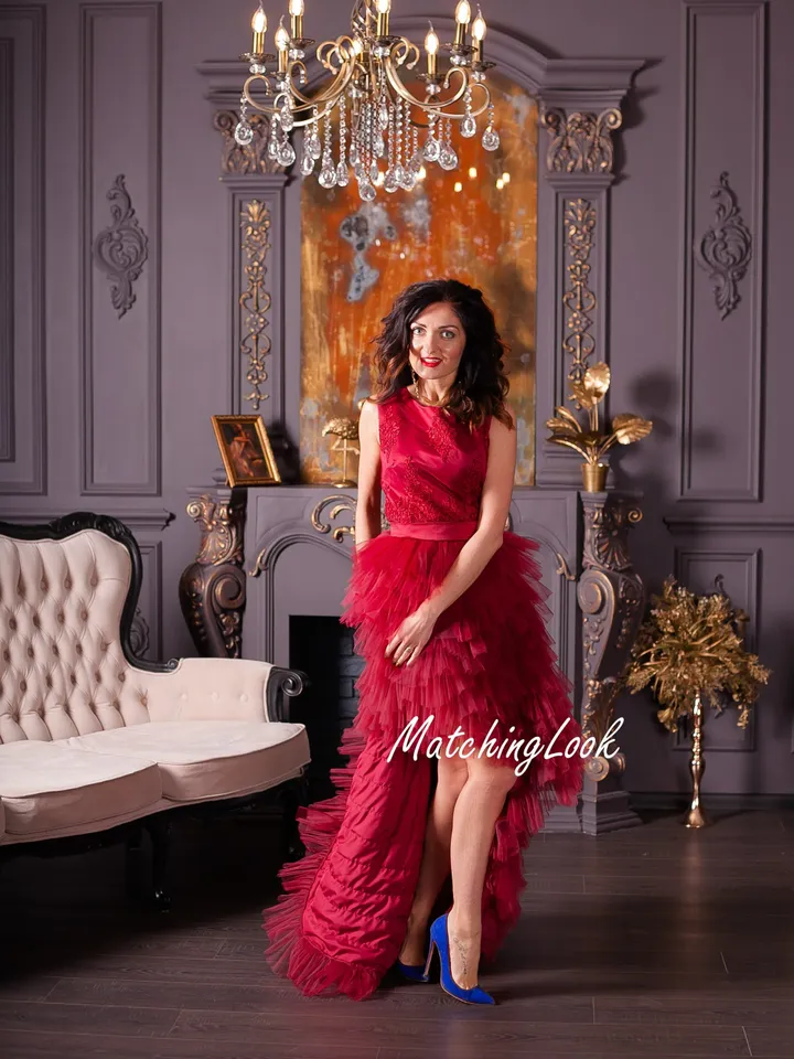 M size Dark red tulle evening dress - Dark red photoshoot dress - hi low Ruffle tulle dress for party