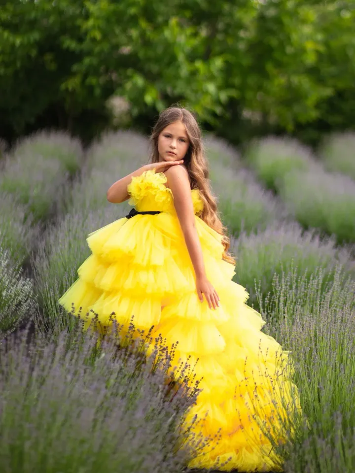 Yellow Tulle Dress, Flower Girl Dress, Girl Pageant Dress, Tulle Princess Dress, High Low Dress, Girl Tiered Dress, Special Occasion Dress