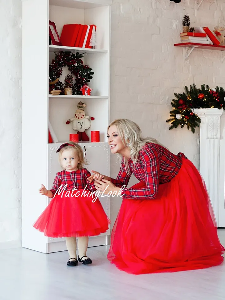 Mommy And Me Christmas Dress, Holiday Outfit, Mother Daughter Matching Dress, Christmas Photography, Red Tartan Dress, Plaid Matching Dress