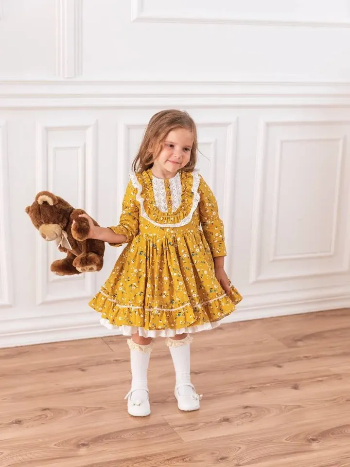 Girl Smock Dress, Long Sleeve Dress, Girl Retro Dress, Yellow Dress, Tutu Dress, Floral Dress, Girl Ruffle Dress, Vintage Style Dress