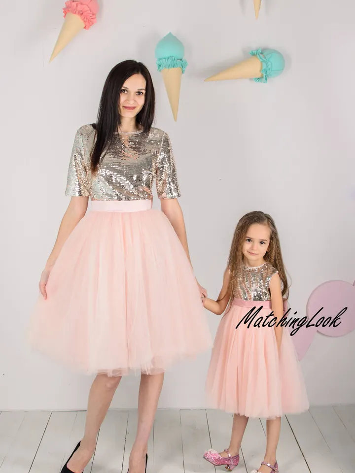 Mother Daughter Matching New Year Dress, Gold Sequin Dress, Mommy And Me Outfit, Pink Girl Party Dress, Baby Tutu Dress, Toddler Gown