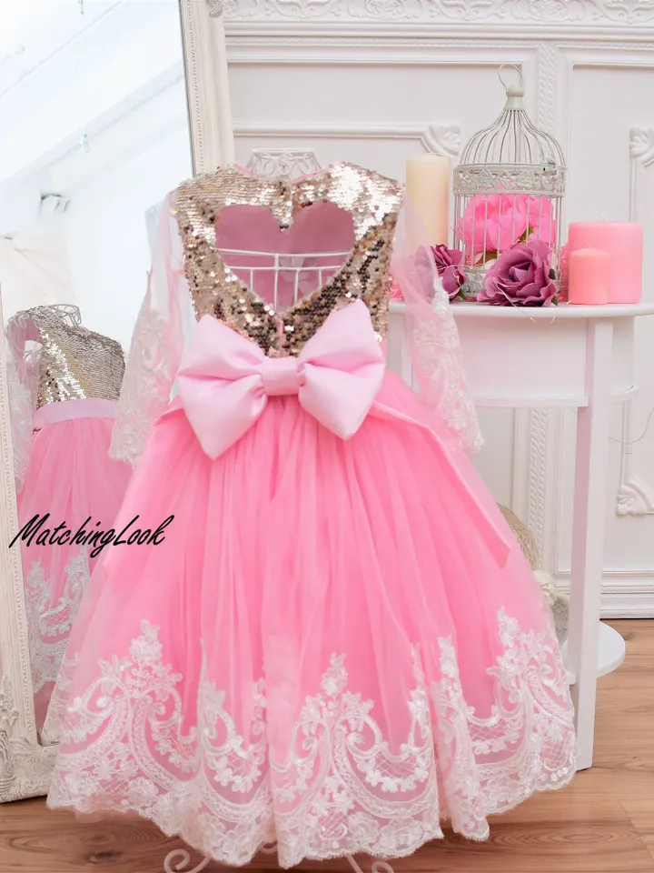 Gold and Pink First Birthday Outfit for Baby Girl, Flower Girl Lace Dress, Lace Birthday Dress, Tutu Dress for Girl, Sequin Birthday Dress