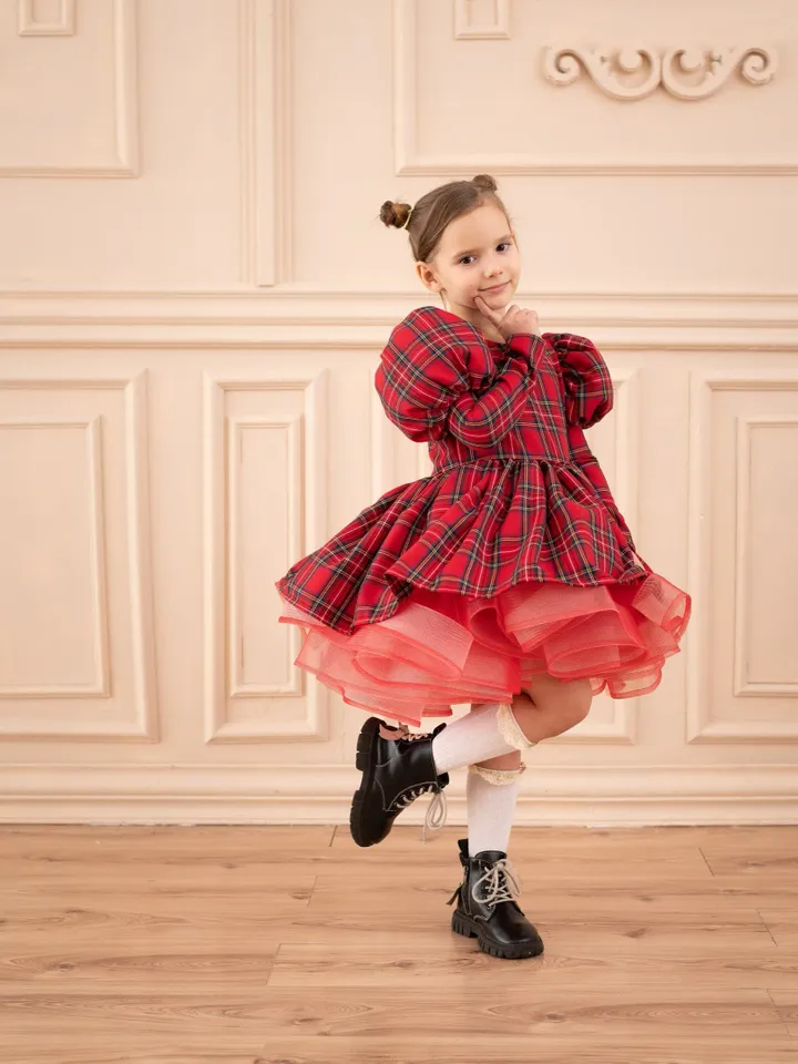 Plaid Christmas Dress, Holiday Girl Dress, Red Tartan Dress, Christmas Party Outfit, Plaid Ruffle Dress, Xmas Photoshoot, Tutu Retro Dress
