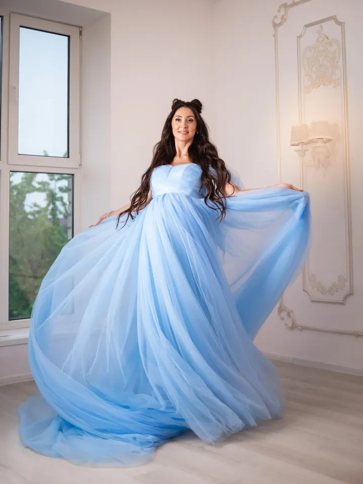 Blue Maternity Dress, Baby Shower Dress, Tulle Dress with Train, Maternity Dress for Photoshoot, Pregnancy Tulle Dress, Designer Tulle Dress