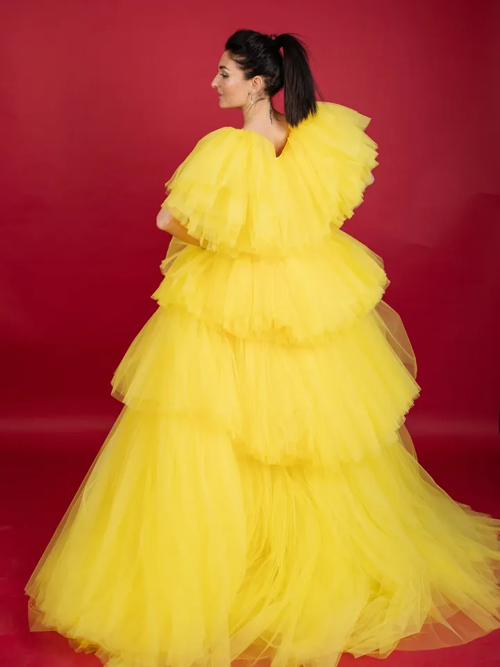 Yellow Tulle Boudoir Dress, Tulle Frilled Robe, Yellow Photoshoot Dress, Tiered Cape For Photoshoot, Yellow Ruffle Dress, Photoshoot Gown