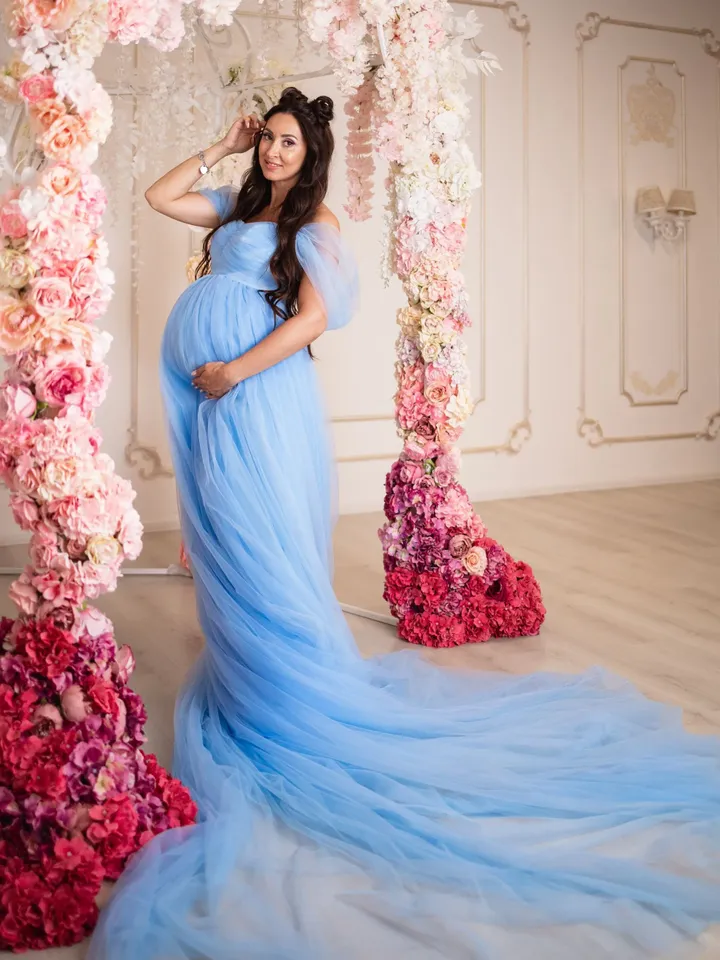 Blue Maternity Dress, Baby Shower Dress, Tulle Dress with Train, Maternity Dress for Photoshoot, Pregnancy Tulle Dress, Designer Tulle Dress