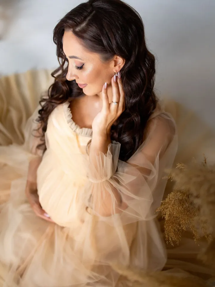 Beige Maternity Baby Shower Dress, Tulle Maternity Dress For Photoshoot, Pregnancy Gown, Maternity Gown, Maternity Dress with Sleeves