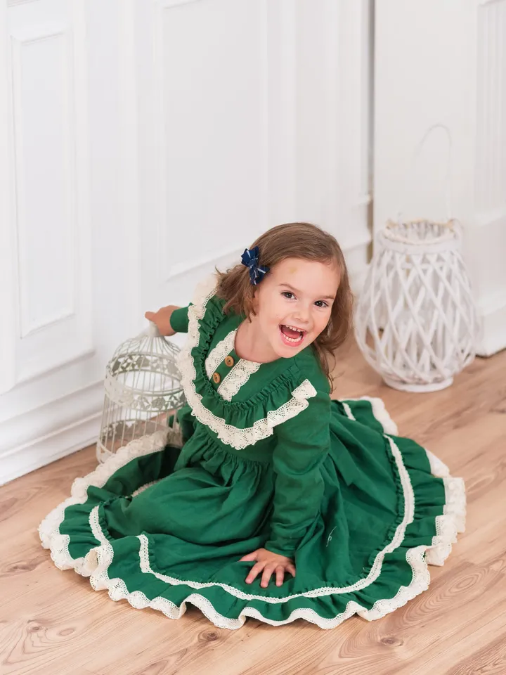 Girl Linen Dress, Green Girl Dress, Vintage Style Dress, Toddler Ruffle Dress, Girl Birthday Dress, Linen Clothing, Special Occasion Dress