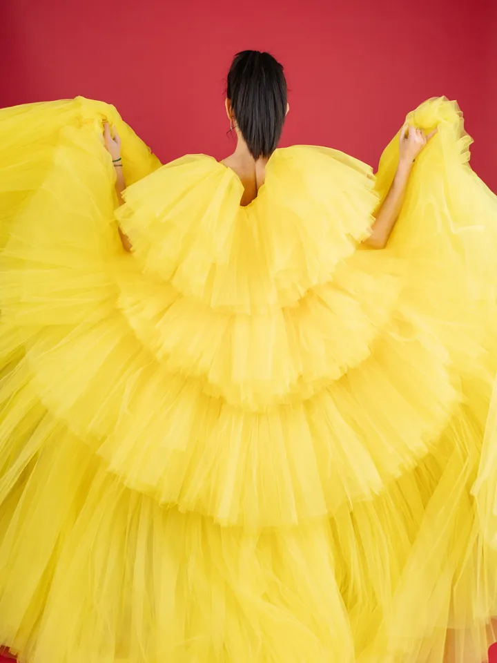 Yellow Tulle Boudoir Dress, Tulle Frilled Robe, Yellow Photoshoot Dress, Tiered Cape For Photoshoot, Yellow Ruffle Dress, Photoshoot Gown