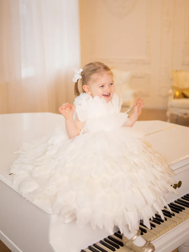 White Feather Baptism Dress, Baby Girl Floor Length Gown, Christening Girl Dress, First Communion Dress, Flower Girl Formal Dress,Cake Smash