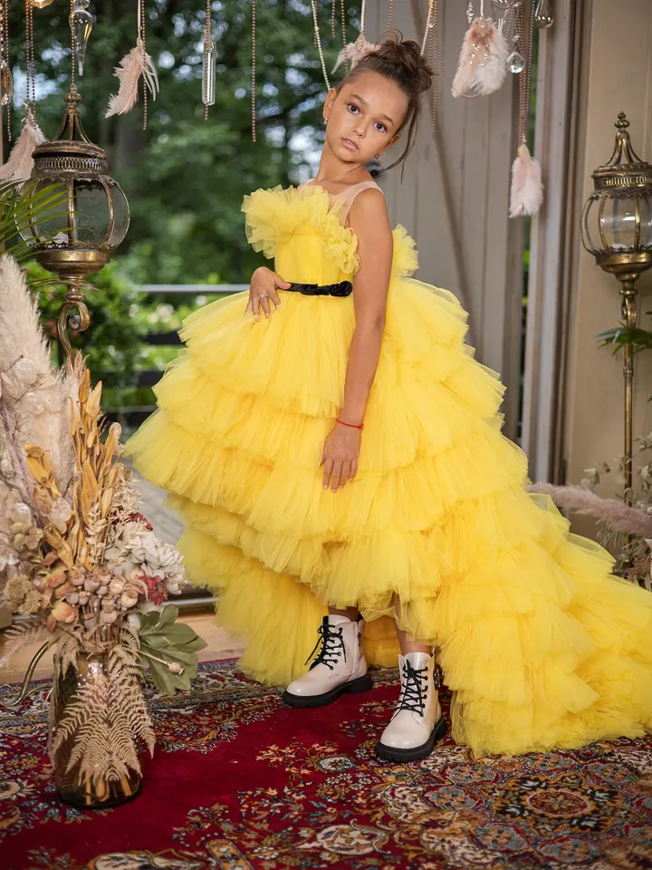 Yellow Ruffle Girl Dress, High Low Dress, Tulle Tutu Dress, Yellow Toddler Dress, Long Tiered Dress, Special Occasion Dress, Princess Dress