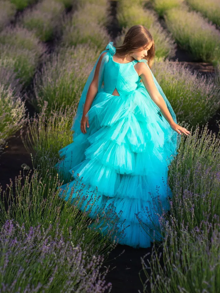 Girl Pageant Dress, Tulle Flower Girl Dress, Teal Tiered Princess, Toddler Birthday Dress, Girl Designer Dress, Haute Couture Dress, Puffy