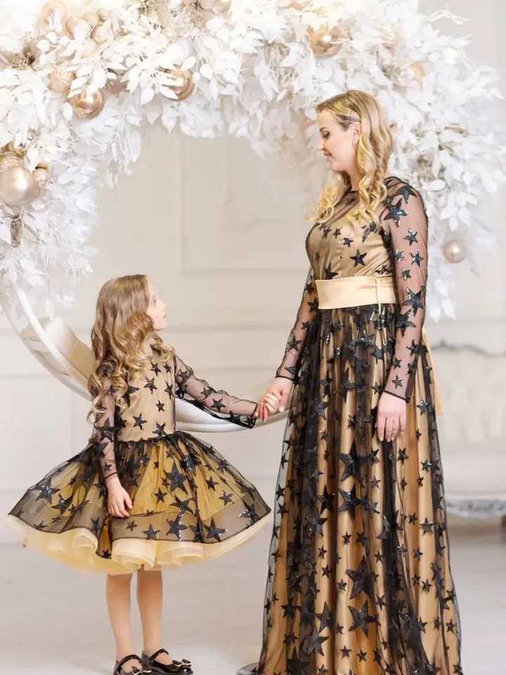 Mommy And Me New Years Dress, Black Gold Sparkling Tulle Dress, Celestial Wedding Dress, Holiday Photoshoot, Party Dress, Cocktail Dress