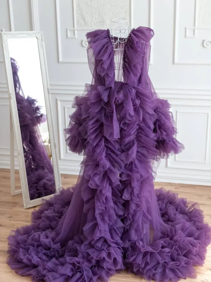 Boudoir Maternity Photoshoot Dress, Eggplant Robe Dress, Purple Maternity Fluffy Gown, Extra Long Tulle Ruffle Robe, Pregnancy Puffy Gown