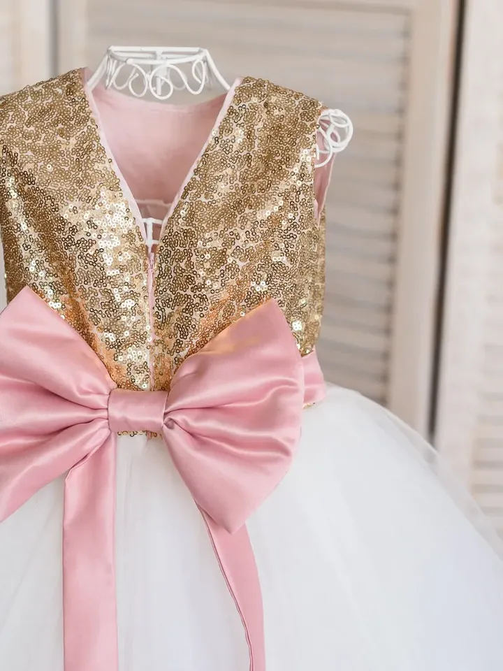 Flower Girl Sequin Tutu Dress with Bow, Gold and Ivory Dress for Flower Girl, Girl Birthday Gold Sequin Outfit, Birthday Dress for Baby Girl