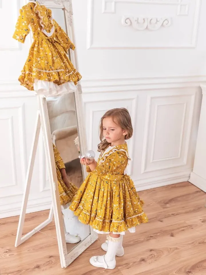 Girl Smock Dress, Long Sleeve Dress, Girl Retro Dress, Yellow Dress, Tutu Dress, Floral Dress, Girl Ruffle Dress, Vintage Style Dress
