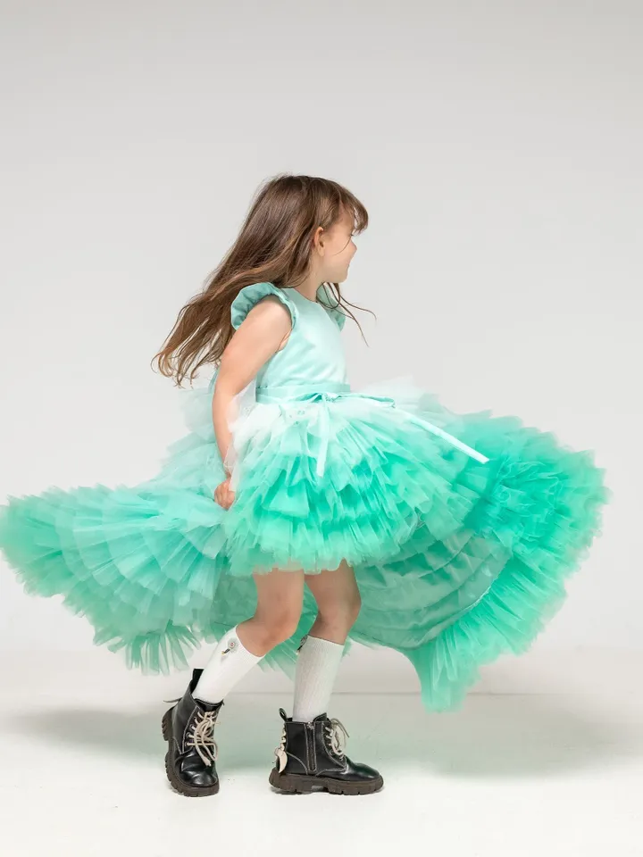 Mint Tutu Dress, Ombre Tulle Dress, Tiered Girl Dress, Flower Girl Dress, Asymmetrical Dress With Train, 1st Birthday Outfit, Princess Dress