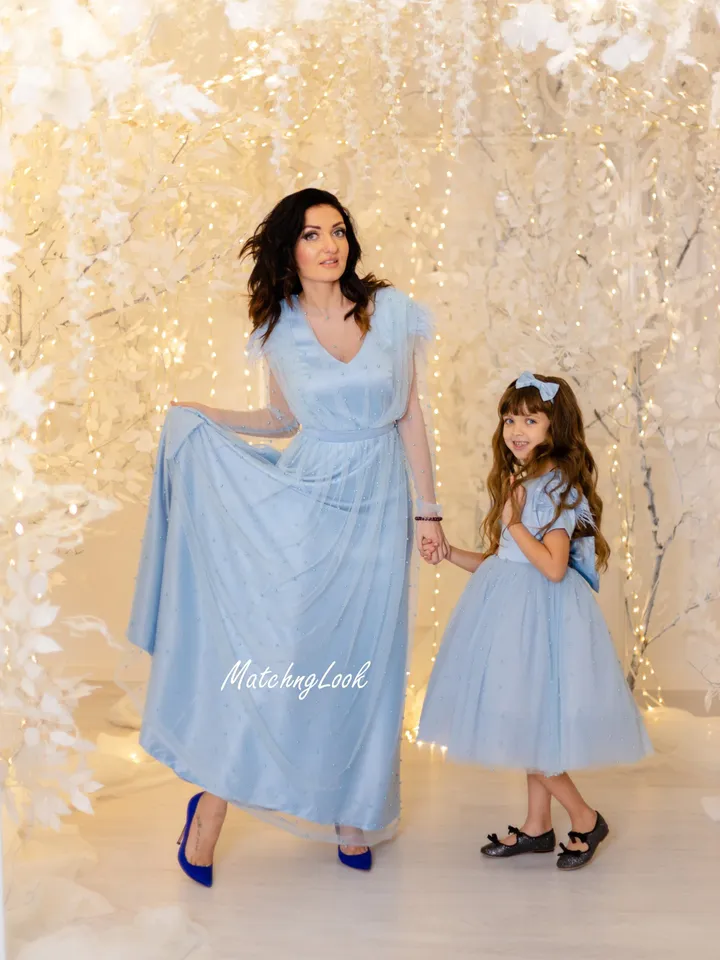 Dusty Blue Dress, Matching Mother Daughter Dress, Evening Dress, Mommy and Me Outfit, Elegant Dress, Princess Dress, Girl Tutu Dress