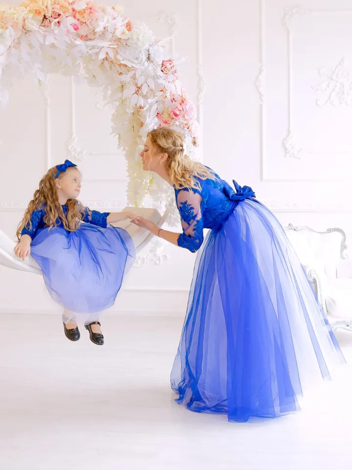 Mom and Toddler Matching Outfit, Blue Maxi Dress, Mother Daughter Matching Dresses, Lace Gown Dress, Mommy and Me Dress, 1st Birthday Dress