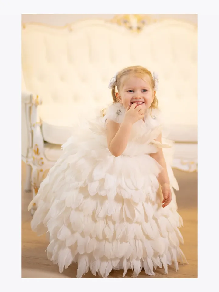White Feather Baptism Dress, Baby Girl Floor Length Gown, Christening Girl Dress, First Communion Dress, Flower Girl Formal Dress,Cake Smash