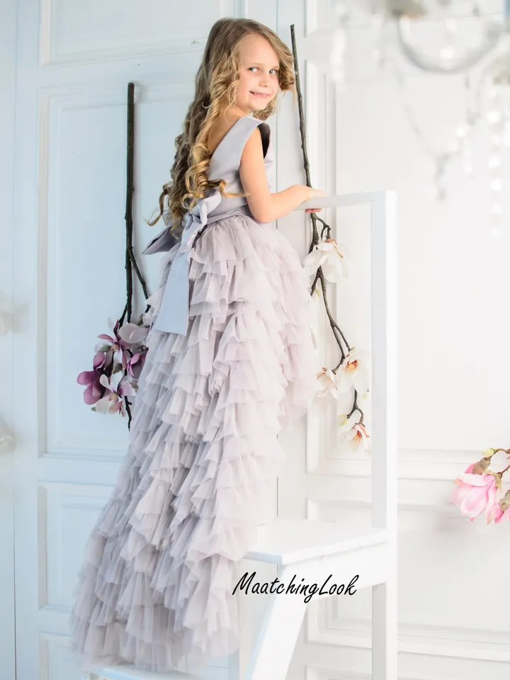 Mother Daughter Gown, High Low Dress, Teal Flower Girl Dress, Ariel Dress, Train Dress, Tulle Layered Dress, Princess Dress,Special Occasion