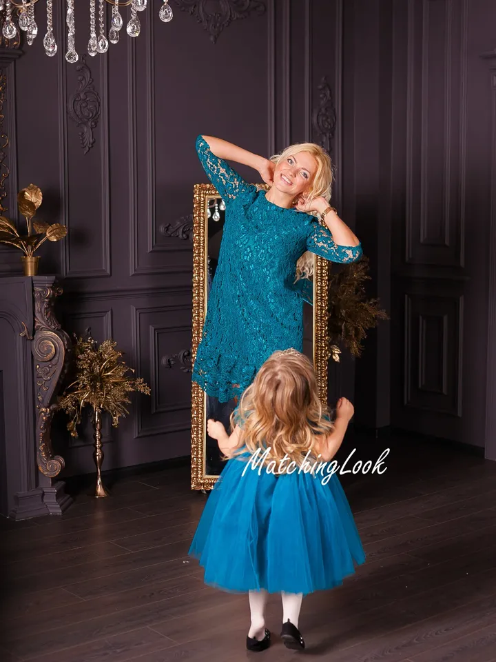 Mommy And Me Outfit, Mother Daughter Dresses, Lace Matching Dresses, Petrol Green Dresses, Matching Photoshoot Dresses, Photo Props Dress