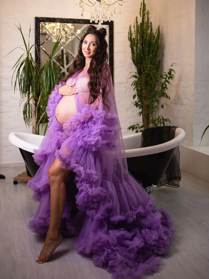 Lavender Maternity Dress For Photoshoot, Maternity Tulle Robe, Lilac Engagement Boudoir Tulle Dress, Purple Pregnancy Gown