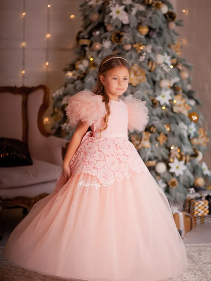 Peach Flower Girl Dress, Lace Girl Dress, Toddler Gown Dress, Photoshoot Dress, Puff Sleeve Dress, Girl Party Dress, Tulle Tutu Dress