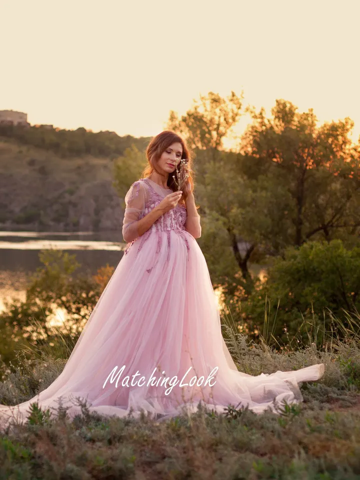Maternity Dress for Photoshoot, Pink Tulle Dress, Tulle Maternity Gown, Baby Shower Dress, Dress With Train, Formal Gown, Elegant Dress