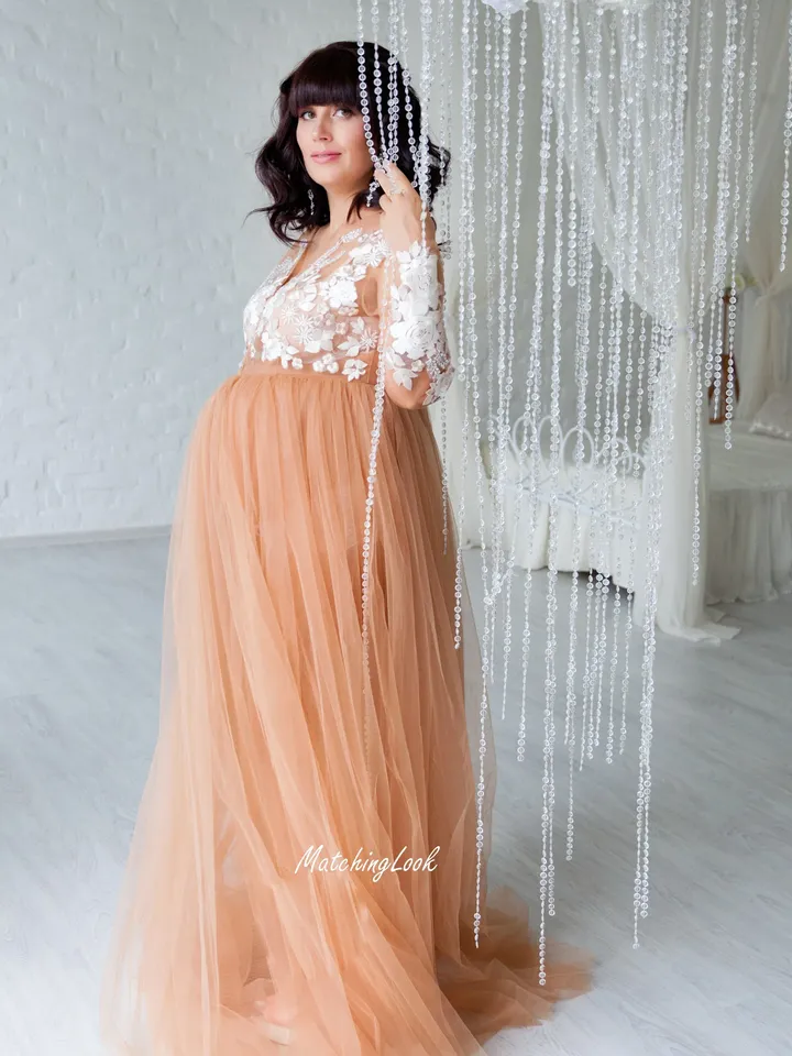 Tulle Maternity Dress, Women Nude Dress, Maternity Photoshoot Dress, Elegant Dress, Photoprops Dress, Formal Maxi Dress, Baby Shower Dress