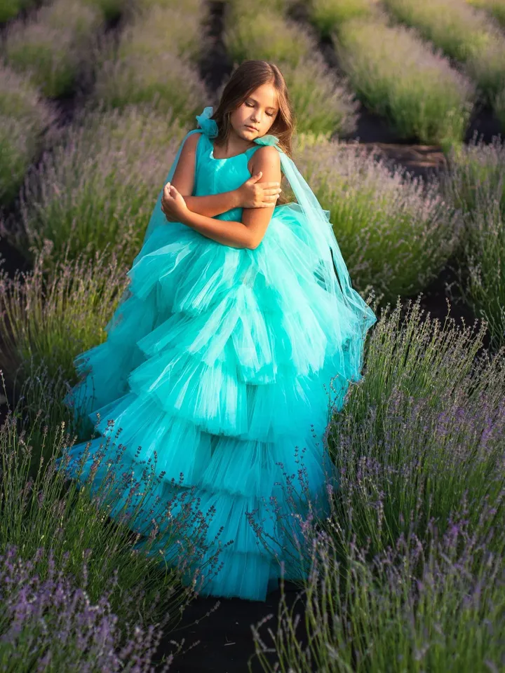 Girl Pageant Dress, Tulle Flower Girl Dress, Teal Tiered Princess, Toddler Birthday Dress, Girl Designer Dress, Haute Couture Dress, Puffy