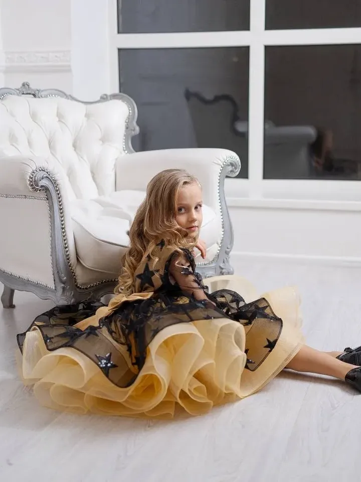 Ready To Ship ~ Black Star Tulle Dress, Princess Girl Dress, New Year Outfit, Holiday Photoshoot, Sparkling Dress, Event Dress, Occasion