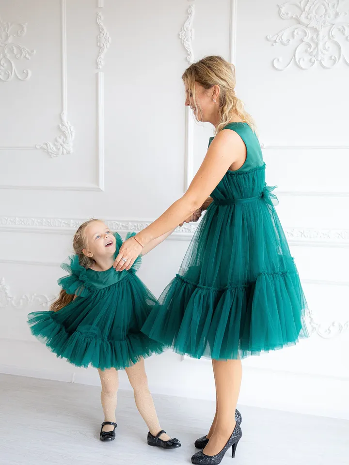 Emerald Green Tulle Dress, Mommy And Me Party Dress, Matching Photoshoot Dress, Baby Girl Tutu Dress, Mother And Daughter Matching Dress